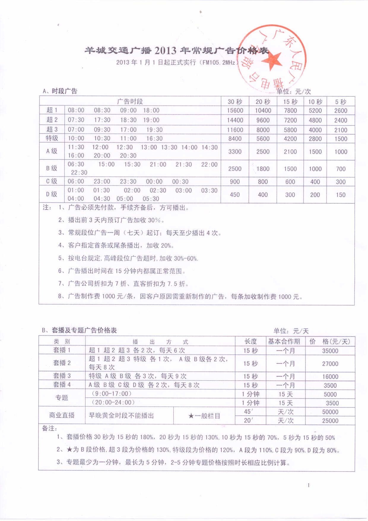 羊城交通台价目表