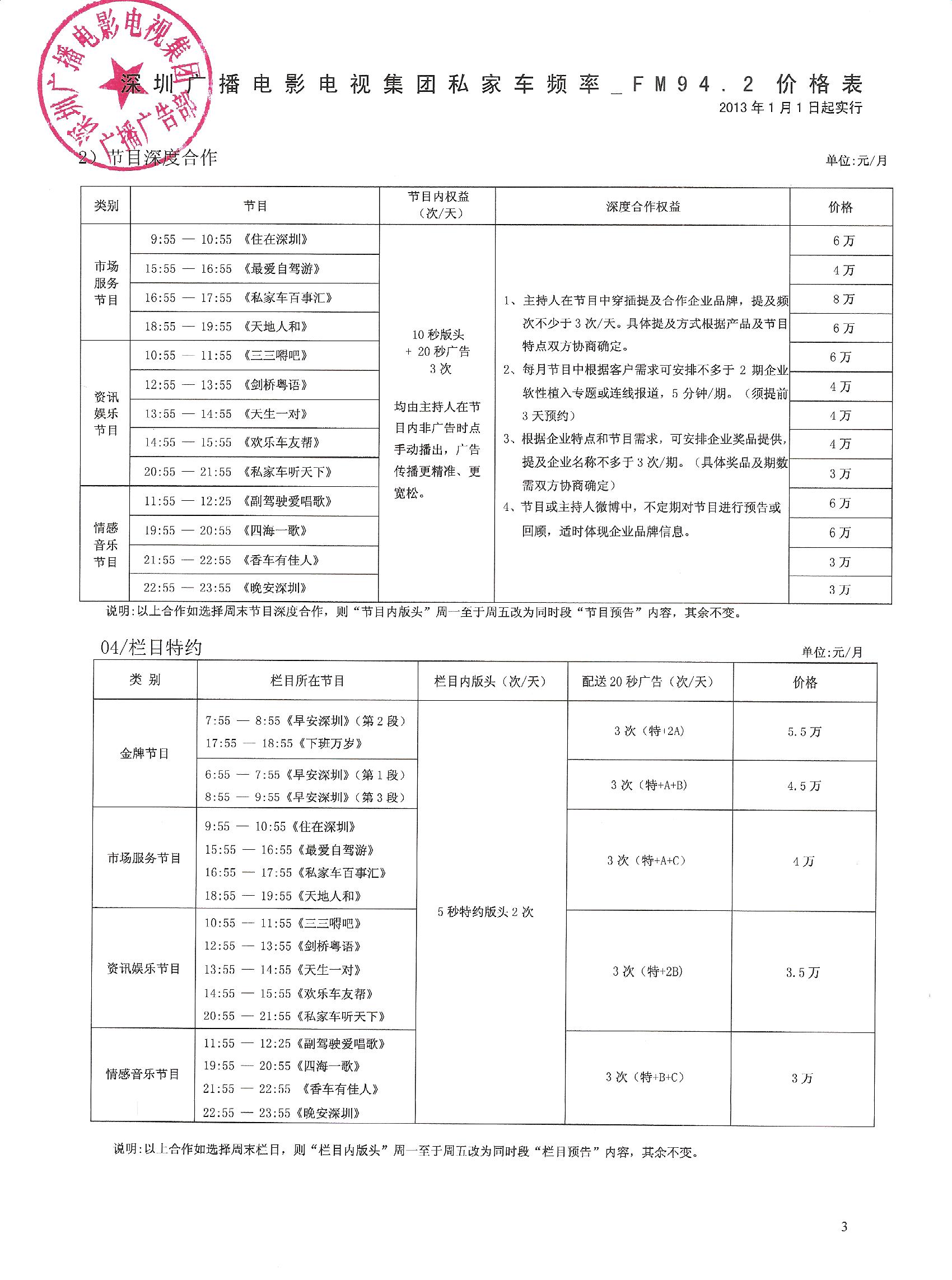 2013年深圳私家车频率刊例价
